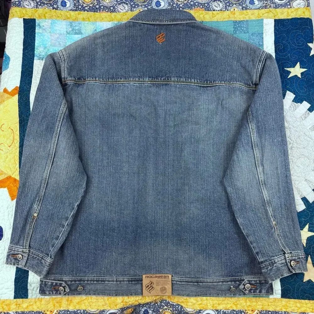Y2K Vintage Rocawear Indigo Blue Denim Jacket with Orange 'RAW’ Embroidery Patch